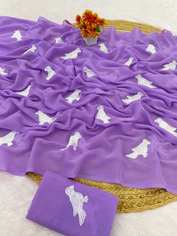 Purple_And_Silver_Embroidery_Work_Saree_With_Blouse_Piece