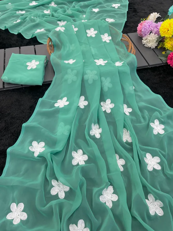 Turquoise_Green_Embroidery_Work_Saree_With_Blouse_Piece