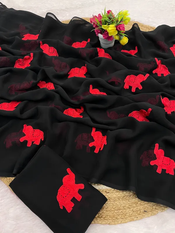 Black_And_Red_Embroidery_Work_Saree_With_Blouse_Piece