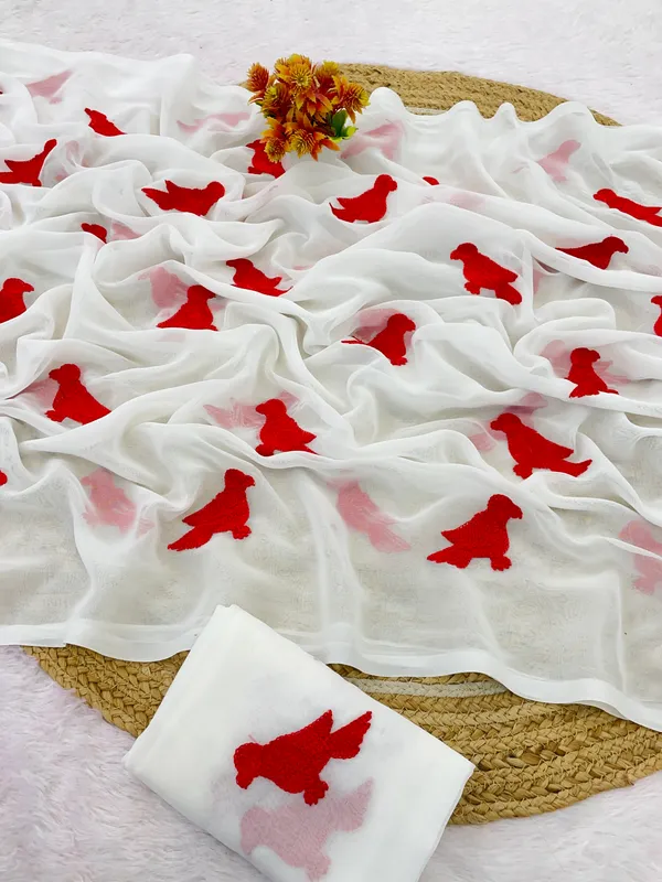 White_And_Red_Embroidery_Work_Saree_With_Blouse_Piece