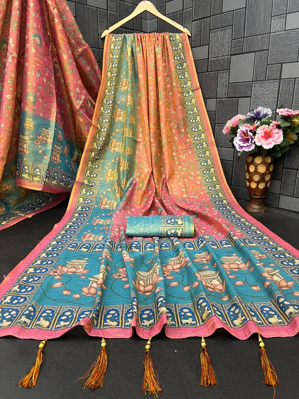 Peach_And_Turquoise_Lilan_Printed_Saree