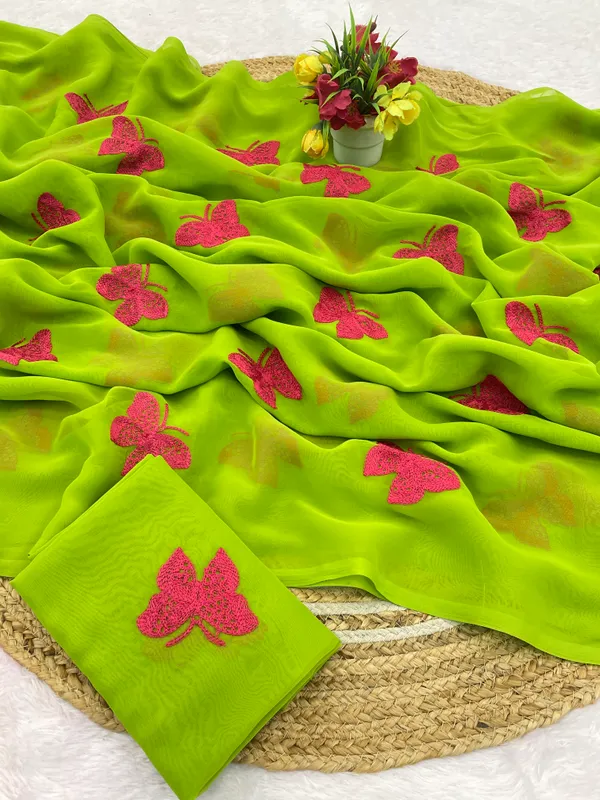 Green_And_Pink_Embroidery_Work_Saree_With_Blouse_Piece