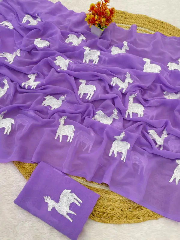 Purple_And_Mustard_Embroidery_Work_Saree_With_Blouse_Piece