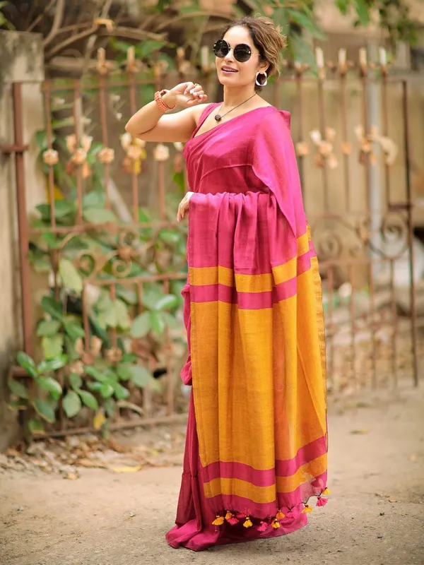 Pink_And_Yellow_Lilan_Printed_Saree