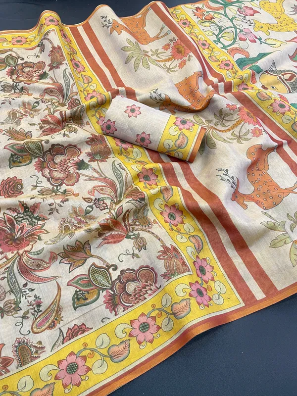 Beige_And_Yellow_Lilan_Printed_Saree