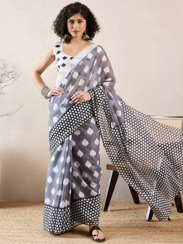 Grey_And_White_Lilan_Printed_Saree