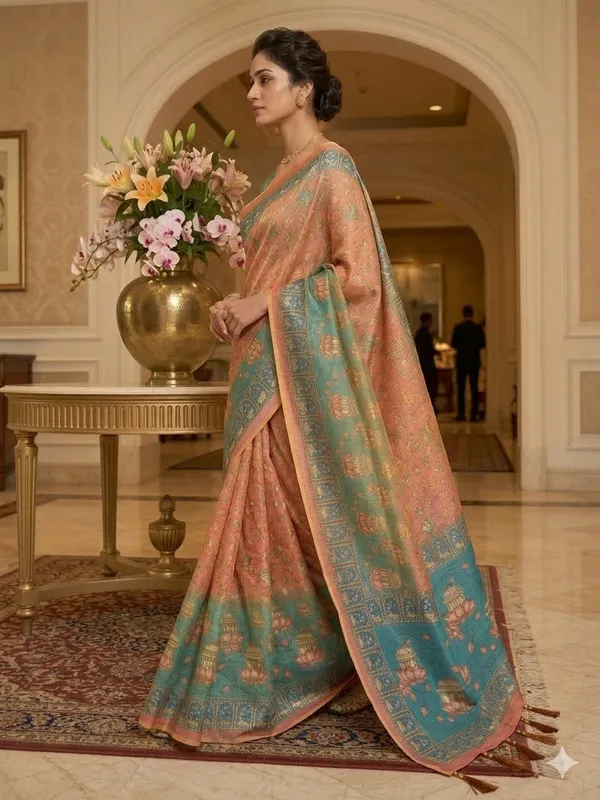 Peach_And_Turquoise_Lilan_Printed_Saree