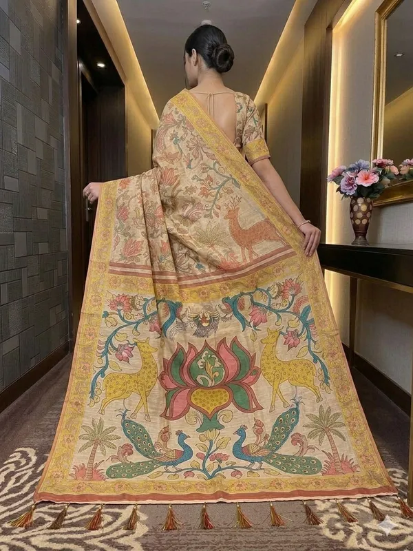 Beige_And_Yellow_Lilan_Printed_Saree