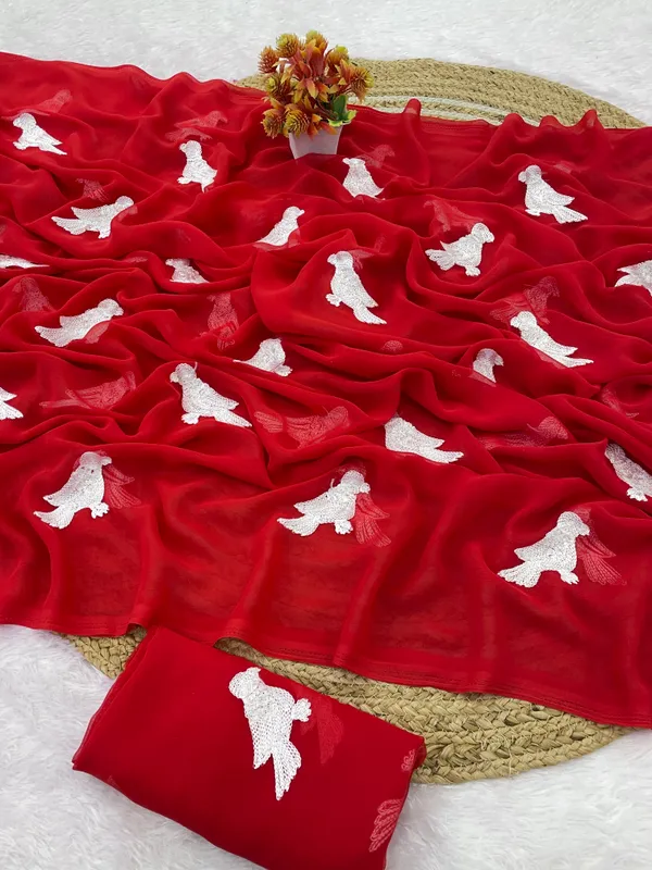 Red_And_White_Embroidery_Work_Saree_With_Blouse_Piece