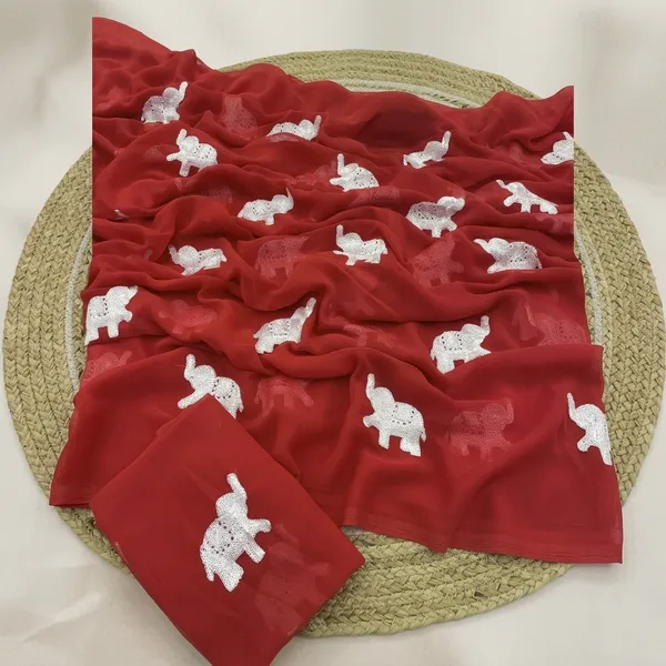 Red_Embroidery_Work_Saree_With_Blouse_Piece