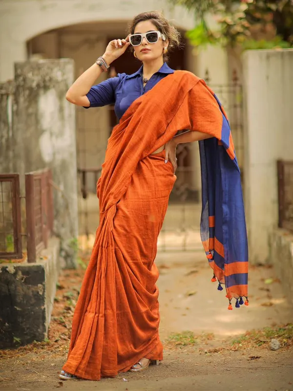 Orange_And_Blue_Lilan_Printed_Saree