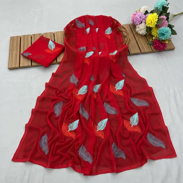 Red_Embroidery_Work_Saree_With_Blouse_Piece