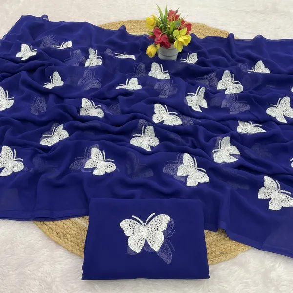 Royal_Blue_Embroidery_Work_Saree_With_Blouse_Piece