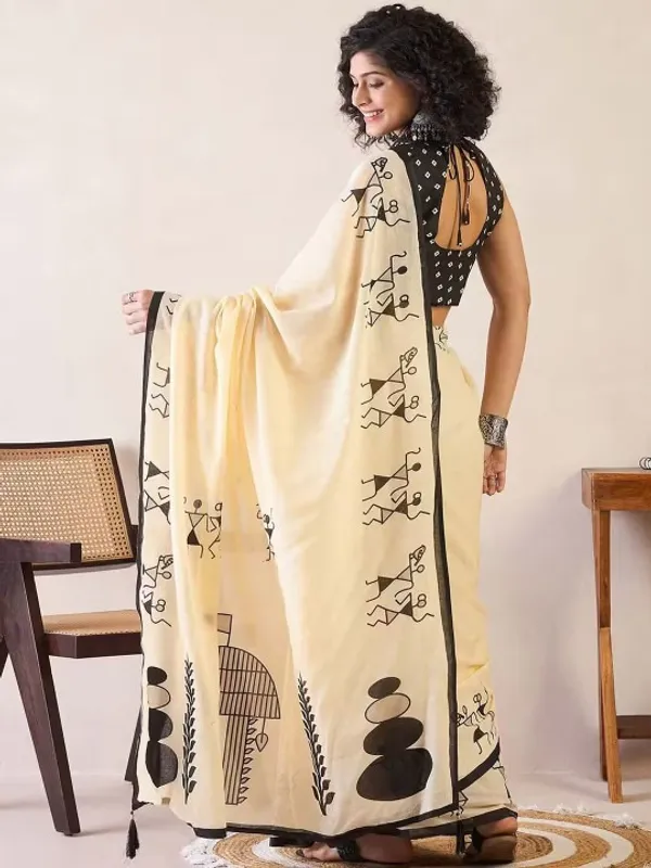 Cream_And_Black_Lilan_Printed_Saree