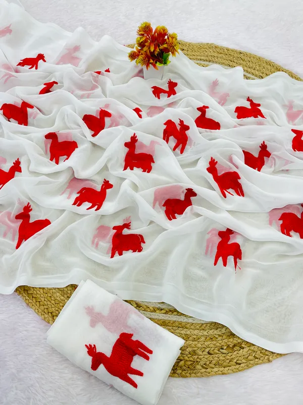 White_And_Red_Embroidery_Work_Saree_With_Blouse_Piece