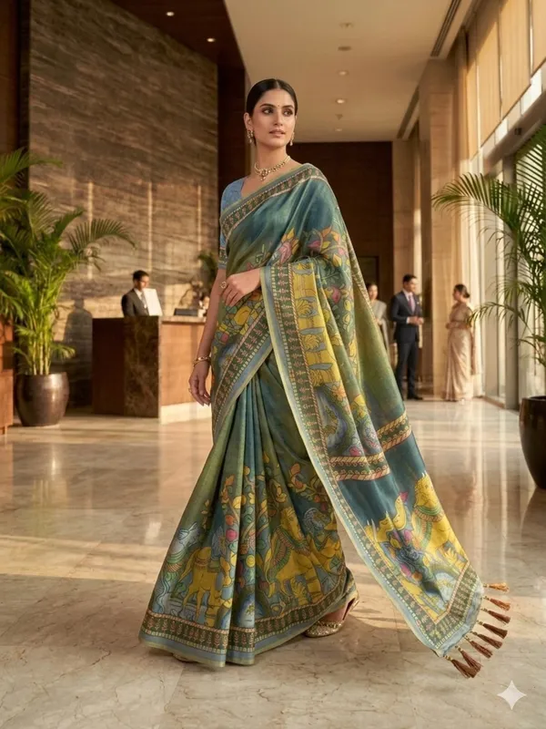 Blue_And_Green_Lilan_Printed_Saree