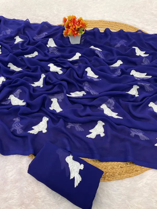 Royal_Blue_Embroidery_Work_Saree_With_Blouse_Piece