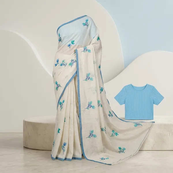 White_And_Blue_Lilan_Printed_Saree