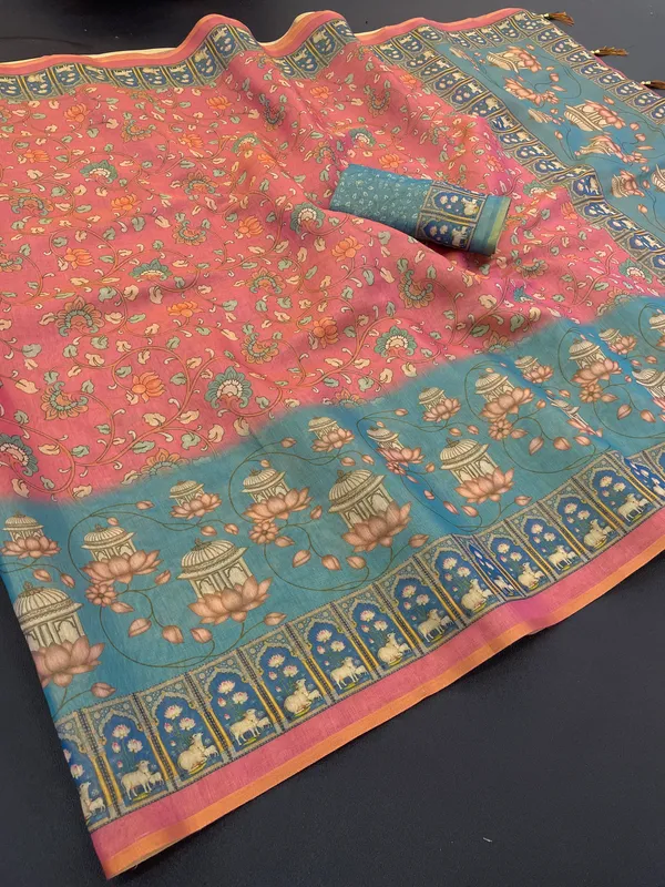 Peach_And_Turquoise_Lilan_Printed_Saree