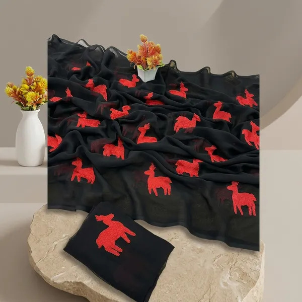 Black_And_Red_Embroidery_Work_Saree_With_Blouse_Piece