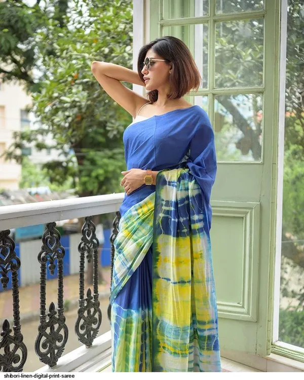 Blue_And_Yellow_Shibori_Linen_Digital_Print_Saree_Blue_And_Yellow_Tie_Dye_Pattern