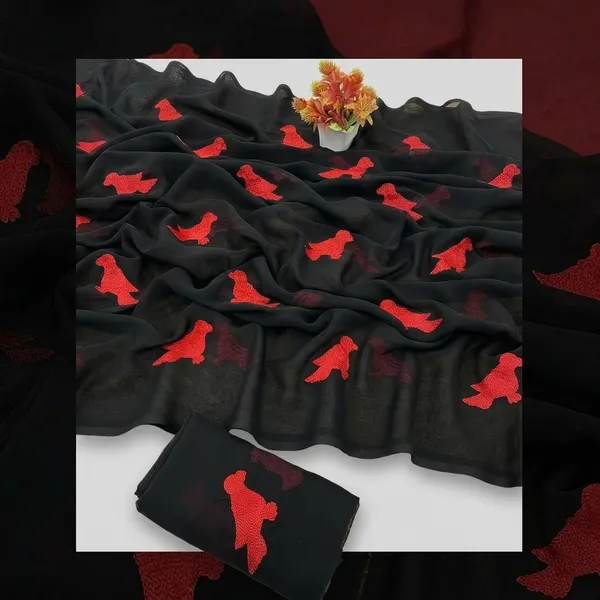 Black_And_Red_Embroidery_Work_Saree_With_Blouse_Piece