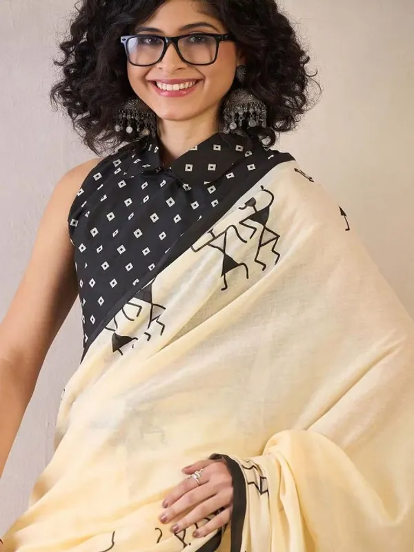 Cream_And_Black_Lilan_Printed_Saree