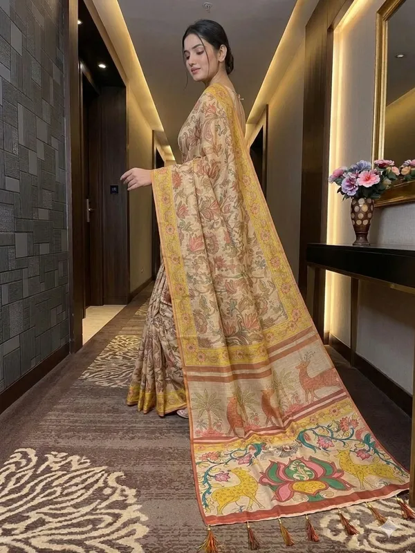 Beige_And_Yellow_Lilan_Printed_Saree
