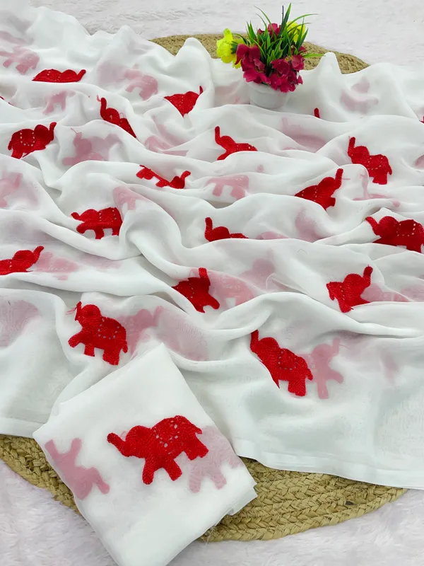 White_And_Red_Embroidery_Work_Saree_With_Blouse_Piece