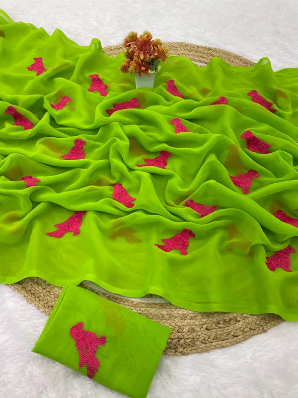 Green_Embroidery_Work_Saree_With_Blouse_Piece
