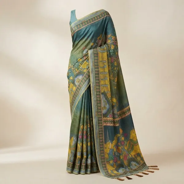 Blue_And_Green_Lilan_Printed_Saree