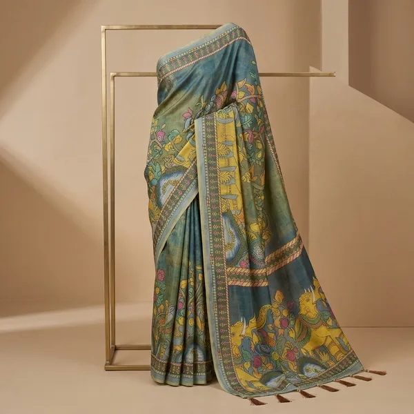 Blue_And_Green_Lilan_Printed_Saree