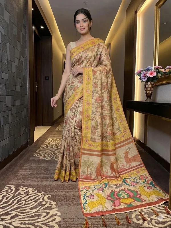 Beige_And_Yellow_Lilan_Printed_Saree