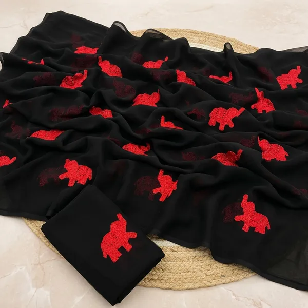 Black_And_Red_Embroidery_Work_Saree_With_Blouse_Piece