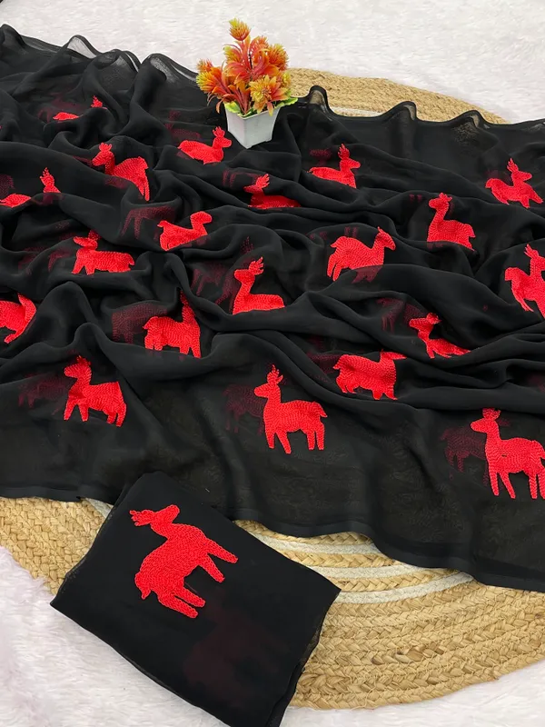 Black_And_Red_Embroidery_Work_Saree_With_Blouse_Piece
