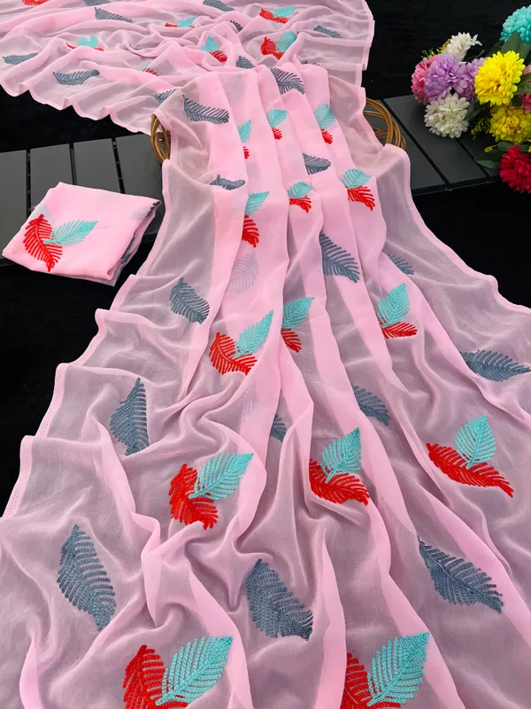 Pink_Embroidery_Work_Saree_With_Blouse_Piece