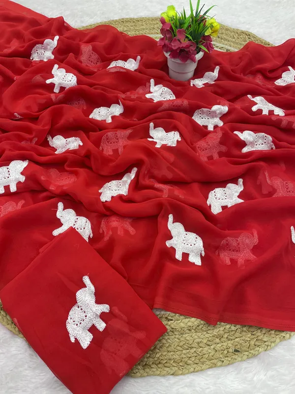 Red_Embroidery_Work_Saree_With_Blouse_Piece