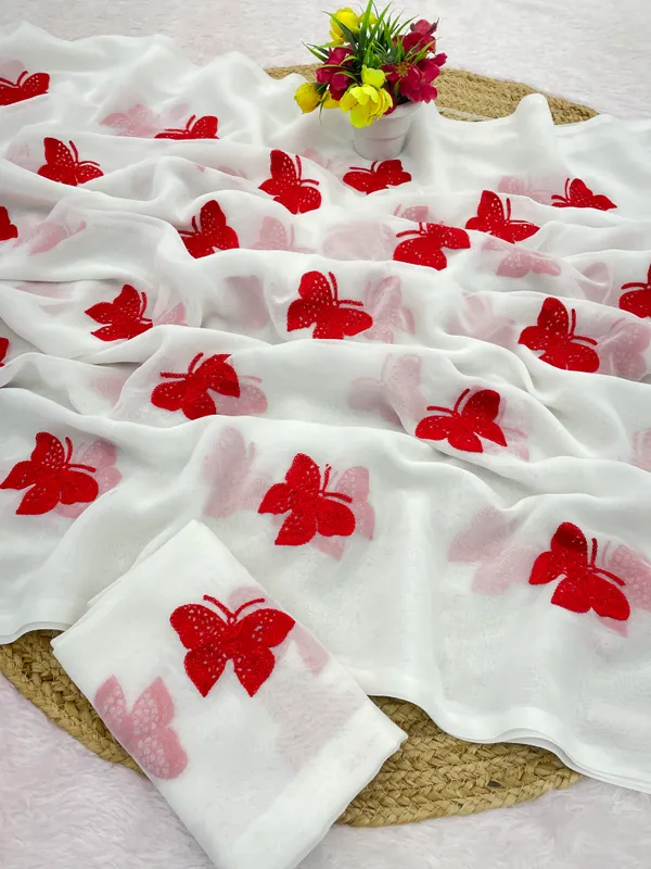 White_And_Red_Embroidery_Work_Saree_With_Blouse_Piece
