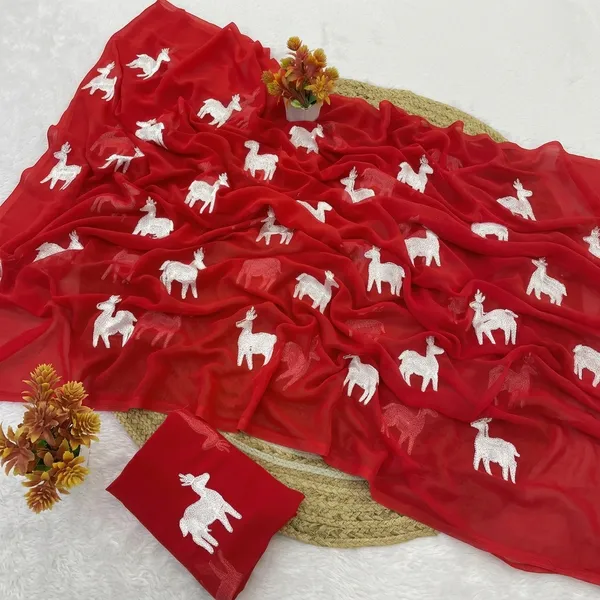 Red_Embroidery_Work_Saree_With_Blouse_Piece