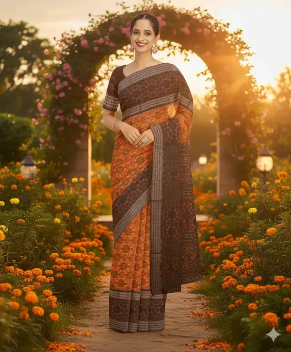 Orange_And_Brown_Lilan_Printed_Saree