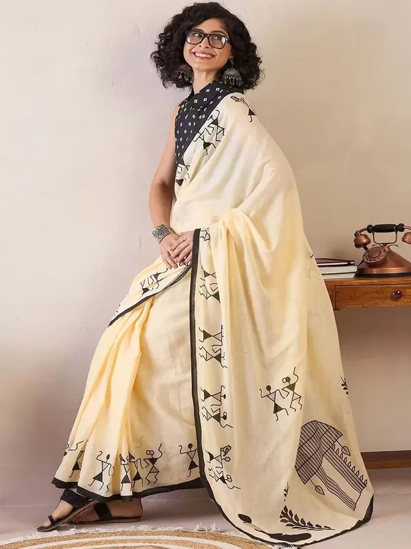 Cream_And_Black_Lilan_Printed_Saree