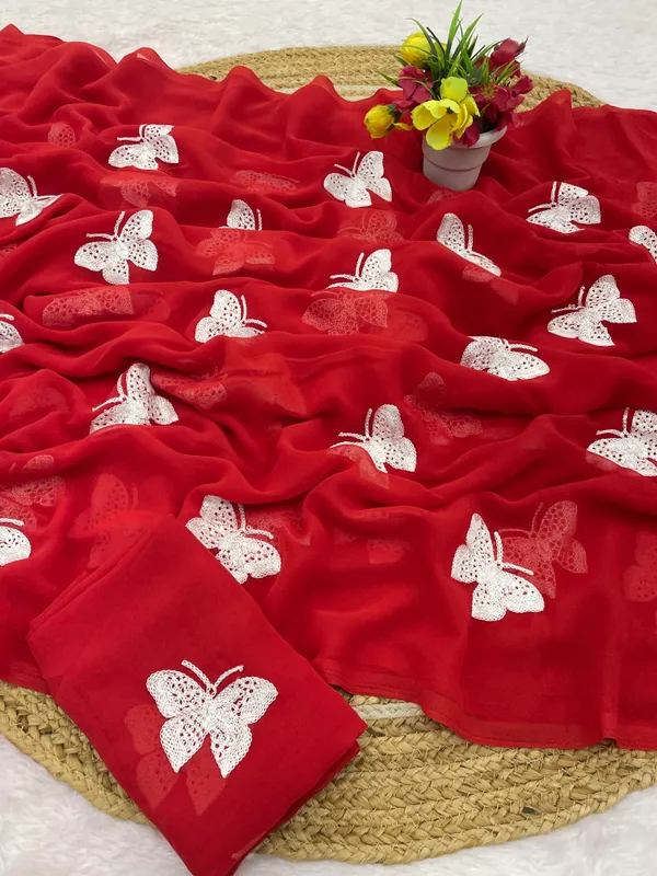 Red_Embroidery_Work_Saree_With_Blouse_Piece