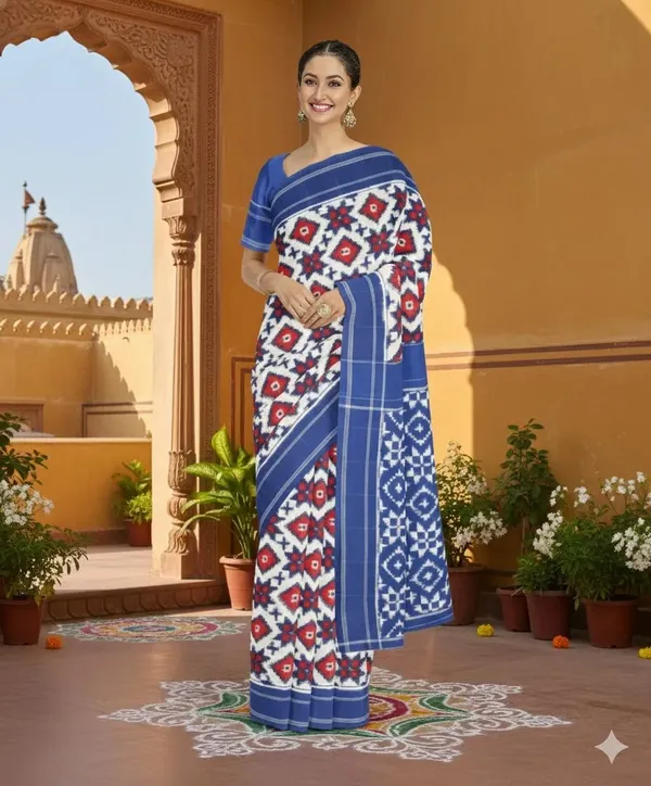 Blue_And_White_Lilan_Printed_Saree