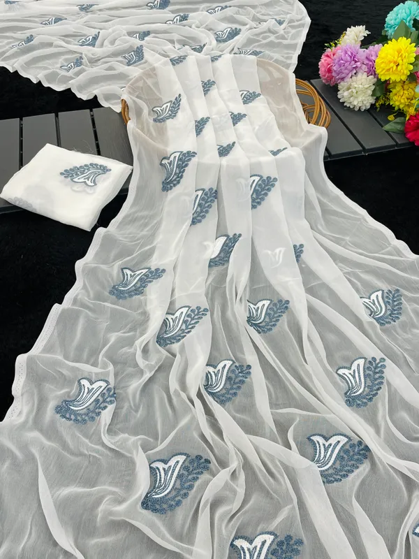 White_Embroidery_Work_Saree_With_Blouse_Piece