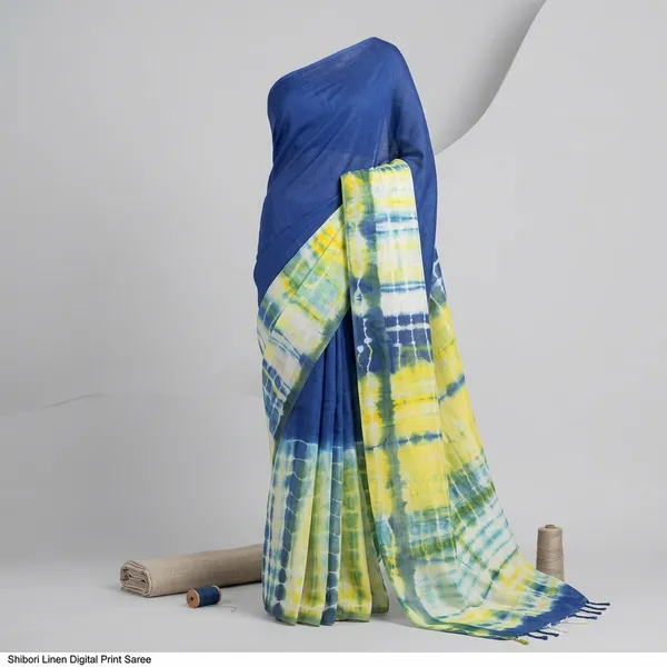 Blue_And_Yellow_Shibori_Linen_Digital_Print_Saree_Blue_And_Yellow_Tie_Dye_Pattern