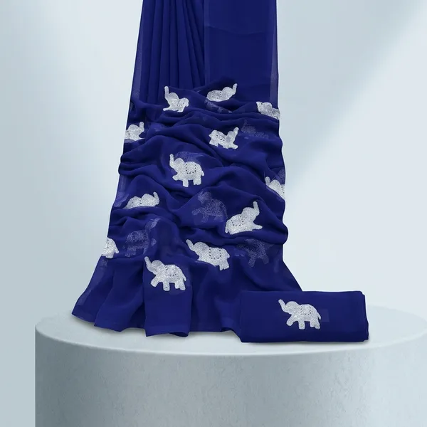 Royal_Blue_Embroidery_Work_Saree_With_Blouse_Piece