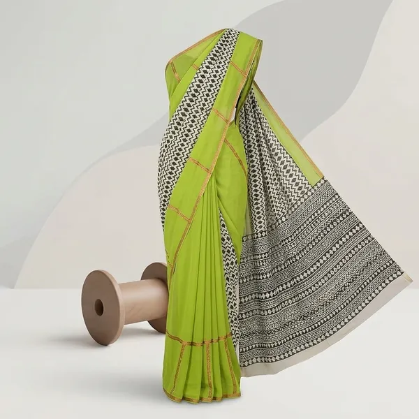 Multicolor_Lime_Green_And_Black_White_Printed_Georgette_Saree_With_Contrast_Pallu