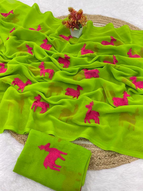 Green_And_Pink_Embroidery_Work_Saree_With_Blouse_Piece