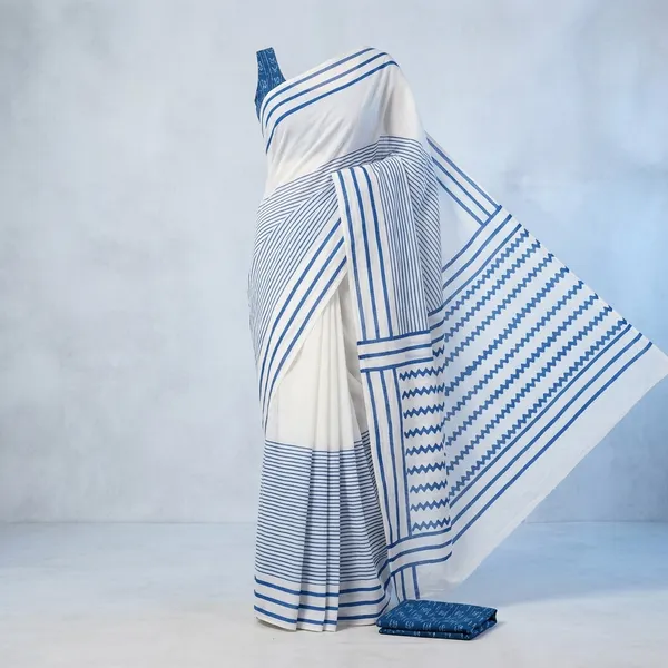 White_And_Blue_Lilan_Printed_Saree