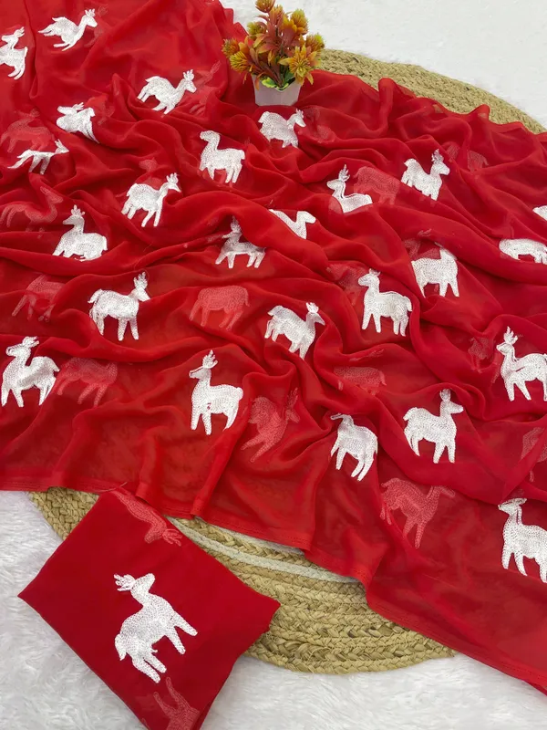 Red_Embroidery_Work_Saree_With_Blouse_Piece